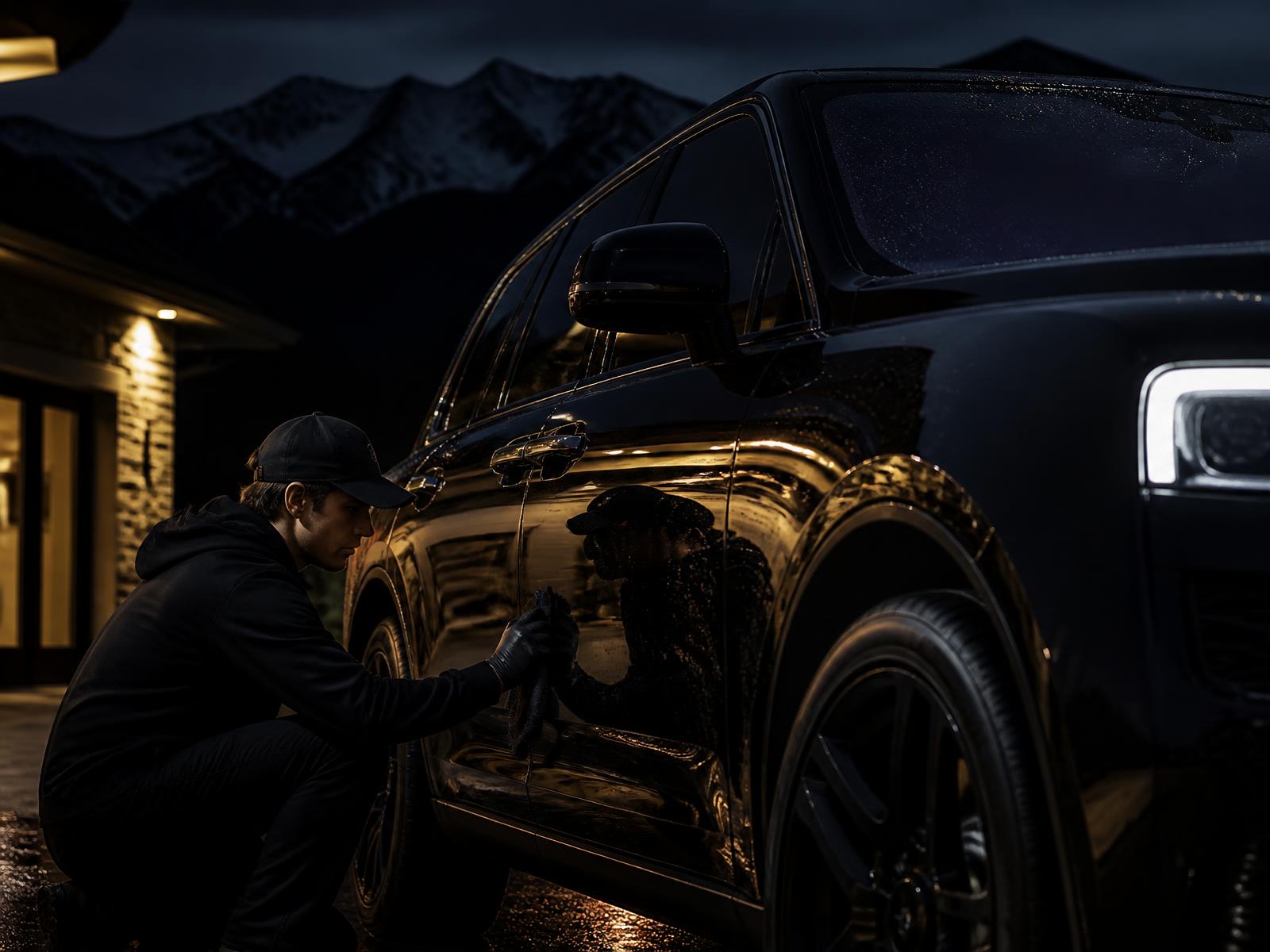 Detailer hand-polishing a black SUV in a Colorado driveway at dusk
